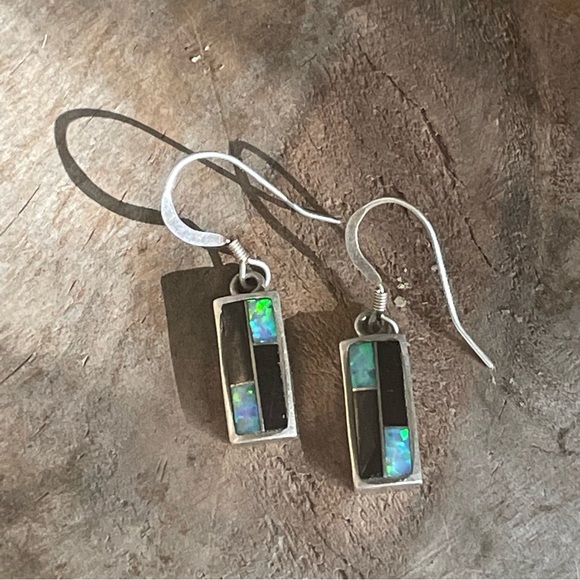 Dainty Dangle Earrings Fire Opal Onyx Sterling Silver Handmade - Picture 3 of 13